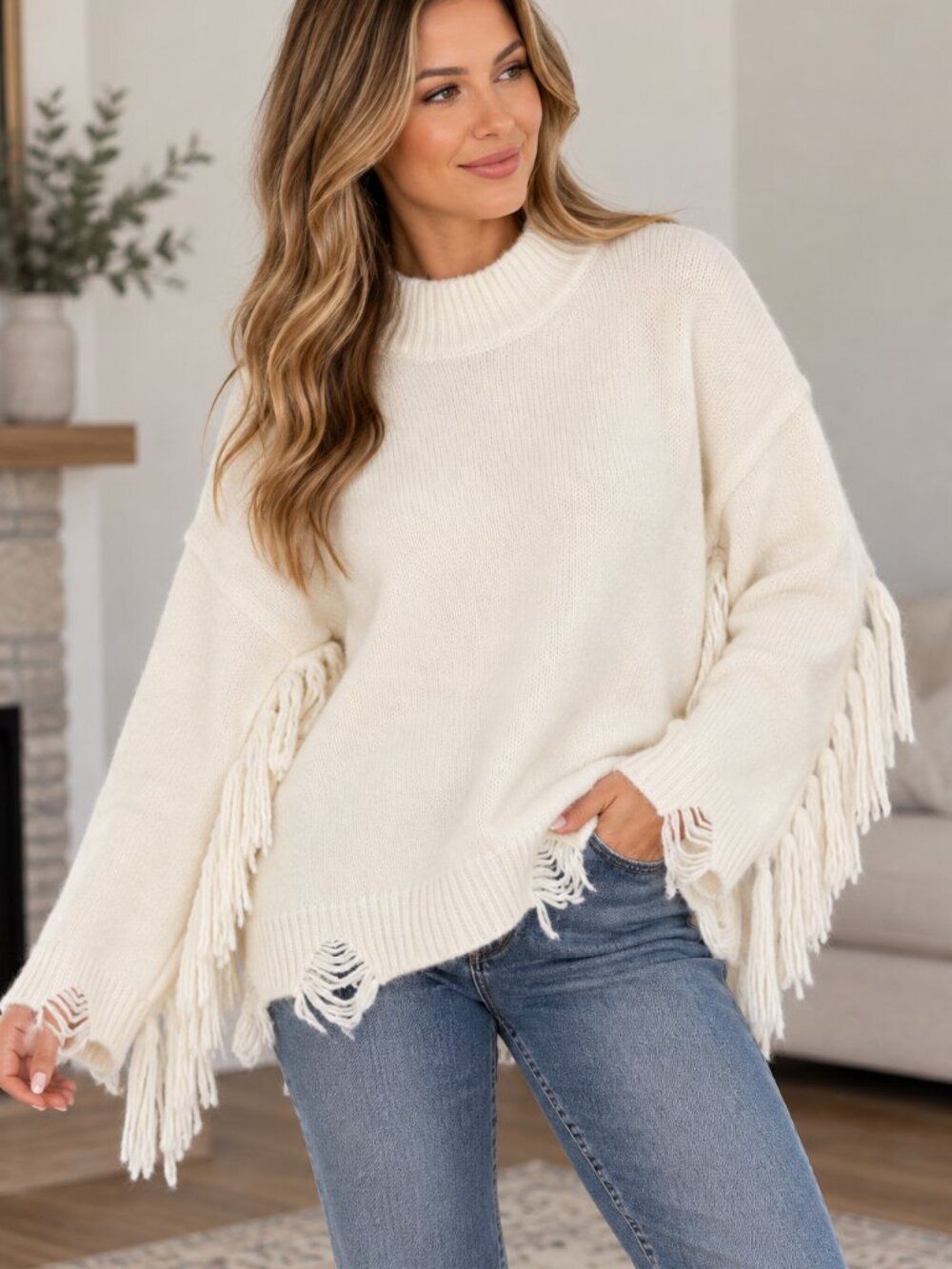 Chelsea & Violet Ivory Fringe Distressed Sweater Size M NWT Boho Western
